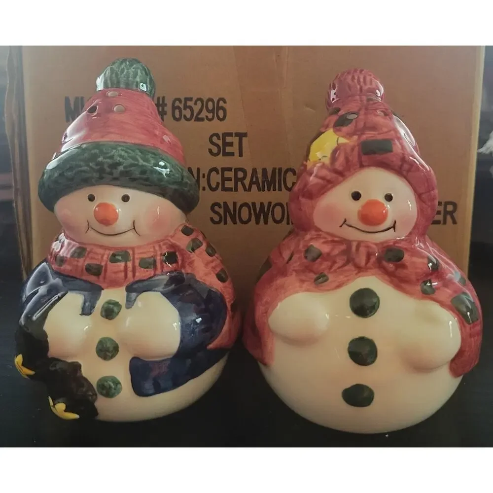 Vtg 2000s Mr. & Mrs. Snowman Salt & Pepper Shaker Set Christmas Ceramic W/Box